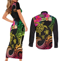 Hawaii Turtle Day Couples Matching Short Sleeve Bodycon Dress and Long Sleeve Button Shirt Polynesian Tattoo and Hibiscus Flowers LT03 - Polynesian Pride