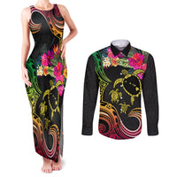 Hawaii Turtle Day Couples Matching Tank Maxi Dress and Long Sleeve Button Shirt Polynesian Tattoo and Hibiscus Flowers LT03 Black - Polynesian Pride