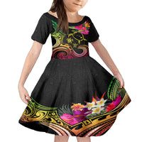 Hawaii Turtle Day Family Matching Off The Shoulder Long Sleeve Dress and Hawaiian Shirt Polynesian Tattoo and Hibiscus Flowers LT03 Daughter's Dress Black - Polynesian Pride