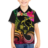 Hawaii Turtle Day Family Matching Summer Maxi Dress and Hawaiian Shirt Polynesian Tattoo and Hibiscus Flowers LT03 Son's Shirt Black - Polynesian Pride