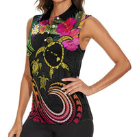 Hawaii Turtle Day Women Sleeveless Polo Shirt Polynesian Tattoo and Hibiscus Flowers LT03 - Polynesian Pride