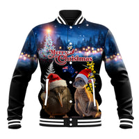 New Zealand and Australia Merry Christmas Baseball Jacket Kiwi Bird and Kangaroo Xmas Vibe LT03 Unisex Black - Polynesian Pride