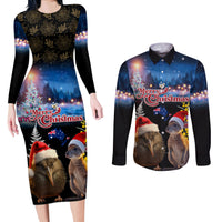 New Zealand and Australia Merry Christmas Couples Matching Long Sleeve Bodycon Dress and Long Sleeve Button Shirt Kiwi Bird and Kangaroo Xmas Vibe LT03 Black - Polynesian Pride