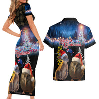 New Zealand and Australia Merry Christmas Couples Matching Short Sleeve Bodycon Dress and Hawaiian Shirt Kiwi Bird and Kangaroo Xmas Vibe LT03 - Polynesian Pride