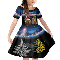 New Zealand and Australia Merry Christmas Family Matching Mermaid Dress and Hawaiian Shirt Kiwi Bird and Kangaroo Xmas Vibe LT03 Daughter's Dress Black - Polynesian Pride