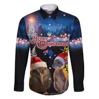 New Zealand and Australia Merry Christmas Family Matching Mermaid Dress and Hawaiian Shirt Kiwi Bird and Kangaroo Xmas Vibe LT03 Dad's Shirt - Long Sleeve Black - Polynesian Pride