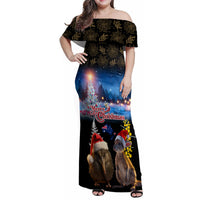New Zealand and Australia Merry Christmas Family Matching Off Shoulder Maxi Dress and Hawaiian Shirt Kiwi Bird and Kangaroo Xmas Vibe LT03 Mom's Dress Black - Polynesian Pride
