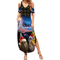 New Zealand and Australia Merry Christmas Family Matching Summer Maxi Dress and Hawaiian Shirt Kiwi Bird and Kangaroo Xmas Vibe LT03 Mom's Dress Black - Polynesian Pride