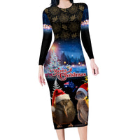 New Zealand and Australia Merry Christmas Long Sleeve Bodycon Dress Kiwi Bird and Kangaroo Xmas Vibe LT03 Long Dress Black - Polynesian Pride