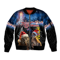 New Zealand and Australia Merry Christmas Sleeve Zip Bomber Jacket Kiwi Bird and Kangaroo Xmas Vibe LT03 Unisex Black - Polynesian Pride