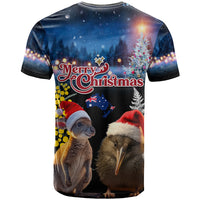 New Zealand and Australia Merry Christmas T Shirt Kiwi Bird and Kangaroo Xmas Vibe LT03 - Polynesian Pride