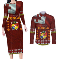Tonga Independence Day Couples Matching Long Sleeve Bodycon Dress and Long Sleeve Button Shirt National Flag and Emblem with Ngatu Art Pattern LT03 Red - Polynesian Pride