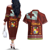 Tonga Independence Day Couples Matching Off The Shoulder Long Sleeve Dress and Hawaiian Shirt National Flag and Emblem with Ngatu Art Pattern LT03 - Polynesian Pride