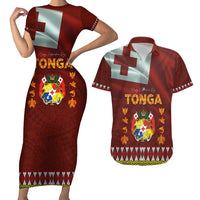 Tonga Independence Day Couples Matching Short Sleeve Bodycon Dress and Hawaiian Shirt National Flag and Emblem with Ngatu Art Pattern LT03 Red - Polynesian Pride