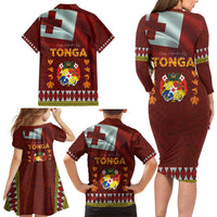 Tonga Independence Day Family Matching Long Sleeve Bodycon Dress and Hawaiian Shirt National Flag and Emblem with Ngatu Art Pattern LT03 - Polynesian Pride