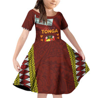Tonga Independence Day Family Matching Off Shoulder Short Dress and Hawaiian Shirt National Flag and Emblem with Ngatu Art Pattern LT03 Daughter's Dress Red - Polynesian Pride