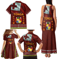 Tonga Independence Day Family Matching Tank Maxi Dress and Hawaiian Shirt National Flag and Emblem with Ngatu Art Pattern LT03 - Polynesian Pride