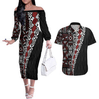 Tonga Ngatu Art Tattoo Polynesian Couples Matching Off The Shoulder Long Sleeve Dress and Hawaiian Shirt LT03 Black - Polynesian Pride