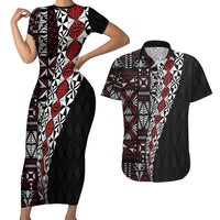 Tonga Ngatu Art Tattoo Polynesian Couples Matching Short Sleeve Bodycon Dress and Hawaiian Shirt LT03 Black - Polynesian Pride