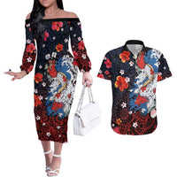 Hawaiian and Japanese Together Couples Matching Off The Shoulder Long Sleeve Dress and Hawaiian Shirt Hibiscus and Koi Fish Polynesian Pattern Colorful Style