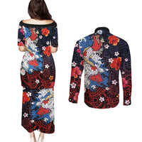 Hawaiian and Japanese Together Couples Matching Puletasi and Long Sleeve Button Shirt Hibiscus and Koi Fish Polynesian Pattern Colorful Style LT03 - Polynesian Pride
