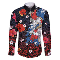 Hawaiian and Japanese Together Family Matching Mermaid Dress and Hawaiian Shirt Hibiscus and Koi Fish Polynesian Pattern Colorful Style LT03 Dad's Shirt - Long Sleeve Red - Polynesian Pride