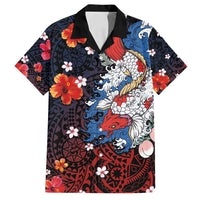 Hawaiian and Japanese Together Family Matching Off Shoulder Maxi Dress and Hawaiian Shirt Hibiscus and Koi Fish Polynesian Pattern Colorful Style LT03 Dad's Shirt - Short Sleeve Red - Polynesian Pride