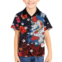 Hawaiian and Japanese Together Family Matching Off Shoulder Maxi Dress and Hawaiian Shirt Hibiscus and Koi Fish Polynesian Pattern Colorful Style LT03 Son's Shirt Red - Polynesian Pride