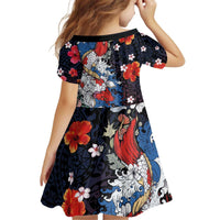 Hawaiian and Japanese Together Kid Short Sleeve Dress Hibiscus and Koi Fish Polynesian Pattern Colorful Style