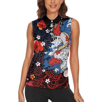 Hawaiian and Japanese Together Women Sleeveless Polo Shirt Hibiscus and Koi Fish Polynesian Pattern Colorful Style LT03 - Polynesian Pride