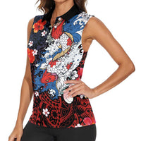 Hawaiian and Japanese Together Women Sleeveless Polo Shirt Hibiscus and Koi Fish Polynesian Pattern Colorful Style LT03 - Polynesian Pride