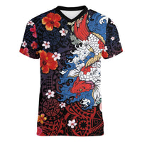 Hawaiian and Japanese Together Women V-Neck T-Shirt Hibiscus and Koi Fish Polynesian Pattern Colorful Style LT03 Female Red - Polynesian Pride