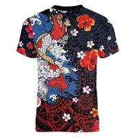 Hawaiian and Japanese Together Women V-Neck T-Shirt Hibiscus and Koi Fish Polynesian Pattern Colorful Style LT03 - Polynesian Pride