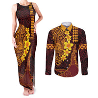 Hawaii Volcano Couples Matching Tank Maxi Dress and Long Sleeve Button Shirt Polynesian and Kakau Pattern