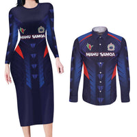 Custom Rugby Samoa Couples Matching Long Sleeve Bodycon Dress and Long Sleeve Button Shirt Siva Tau Spirit Sporty Vibes LT03 Navy - Polynesian Pride