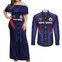 Custom Rugby Samoa Couples Matching Off Shoulder Maxi Dress and Long Sleeve Button Shirt Siva Tau Spirit Sporty Vibes LT03 Navy - Polynesian Pride