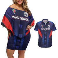 Custom Rugby Samoa Couples Matching Off Shoulder Short Dress and Hawaiian Shirt Siva Tau Spirit Sporty Vibes LT03 Navy - Polynesian Pride