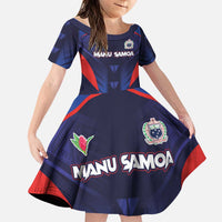 Custom Rugby Samoa Family Matching Puletasi and Hawaiian Shirt Siva Tau Spirit Sporty Vibes LT03 Daughter's Dress Navy - Polynesian Pride