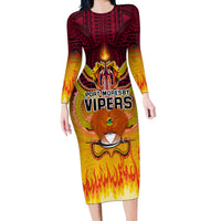 Custom PNG Port Moresby Vipers Rugby Long Sleeve Bodycon Dress Fire Vipers Mix PNG Bird Polynesian Tattoo LT03 Long Dress Yellow - Polynesian Pride
