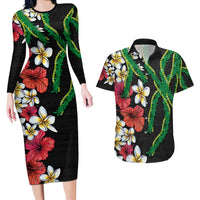 Hawaiian Tropical Flowers and Maile Pikake Couples Matching Long Sleeve Bodycon Dress and Hawaiian Shirt Polynesian Tribal Pattern Black Color LT03 Black - Polynesian Pride