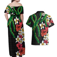 Hawaiian Tropical Flowers and Maile Pikake Couples Matching Off Shoulder Maxi Dress and Hawaiian Shirt Polynesian Tribal Pattern Black Color LT03 - Polynesian Pride