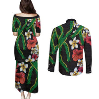 Hawaiian Tropical Flowers and Maile Pikake Couples Matching Puletasi and Long Sleeve Button Shirt Polynesian Tribal Pattern Black Color LT03 - Polynesian Pride