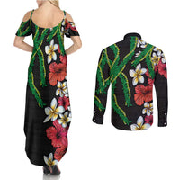 Hawaiian Tropical Flowers and Maile Pikake Couples Matching Summer Maxi Dress and Long Sleeve Button Shirt Polynesian Tribal Pattern Black Color