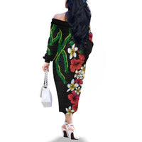 Hawaiian Tropical Flowers and Maile Pikake Family Matching Off The Shoulder Long Sleeve Dress and Hawaiian Shirt Polynesian Tribal Pattern Black Color LT03 - Polynesian Pride