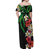 Hawaiian Tropical Flowers and Maile Pikake Family Matching Off Shoulder Maxi Dress and Hawaiian Shirt Polynesian Tribal Pattern Black Color LT03 - Polynesian Pride