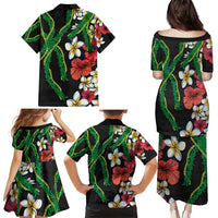 Hawaiian Tropical Flowers and Maile Pikake Family Matching Puletasi and Hawaiian Shirt Polynesian Tribal Pattern Black Color LT03 - Polynesian Pride