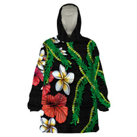 Hawaiian Tropical Flowers and Maile Pikake Wearable Blanket Hoodie Polynesian Tribal Pattern Black Color LT03 One Size Black - Polynesian Pride