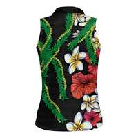 Hawaiian Tropical Flowers and Maile Pikake Women Sleeveless Polo Shirt Polynesian Tribal Pattern Black Color LT03 - Polynesian Pride