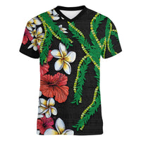 Hawaiian Tropical Flowers and Maile Pikake Women V-Neck T-Shirt Polynesian Tribal Pattern Black Color LT03 Female Black - Polynesian Pride