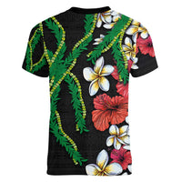 Hawaiian Tropical Flowers and Maile Pikake Women V-Neck T-Shirt Polynesian Tribal Pattern Black Color LT03 - Polynesian Pride